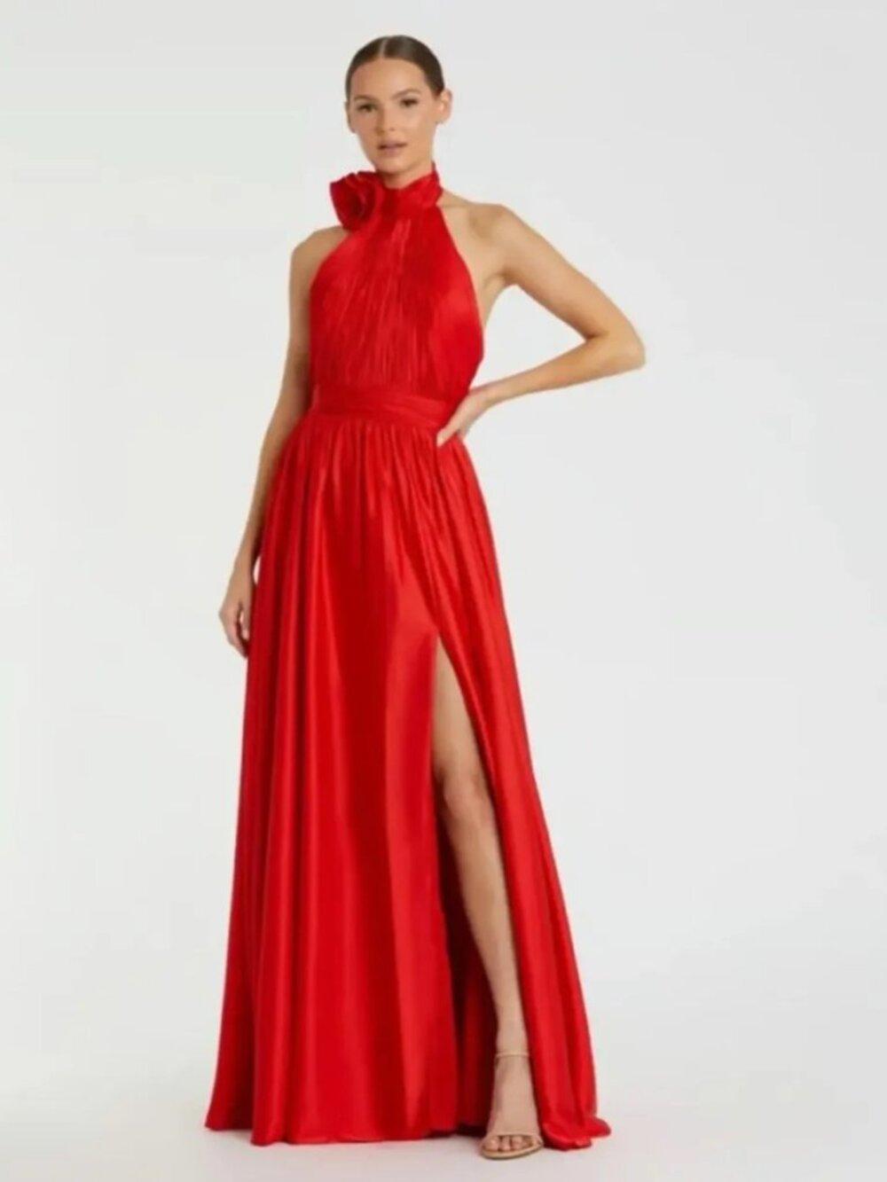 Mac Duggal Halter Neck Open Back Satin Gown in Cherry Red